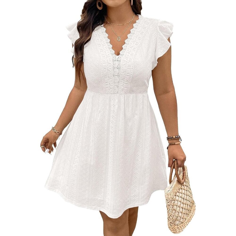 Plus Size Summer Dress Lace V-Neck Ruffle Cap Sleeve Embroidery A Line